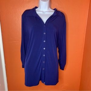 Susan Graver Long Lined Blue Long Sleeve Button Up Blouse